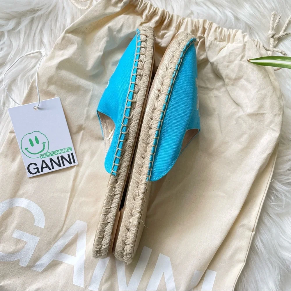 GANNI Embroidered Canvas Espadrille Slippers Turquoise Women’s Size 9 EU 39 NIB